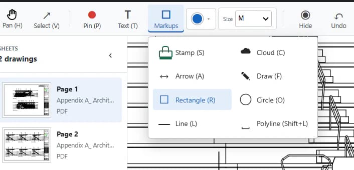 DrawingDesk Markups menu showing review stamps, revision clouds, arrows, freehand, rectangles, circles, lines and polylines