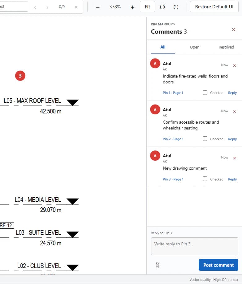 DrawingDesk numbered location pin beside the Comments panel with replies, checked state and open or resolved filters